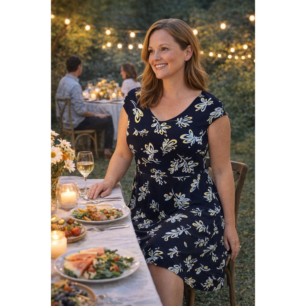 Lauren Ralph Lauren Navy Blue Floral V-Neck Jersey Dress Cap Sleeve Size 10